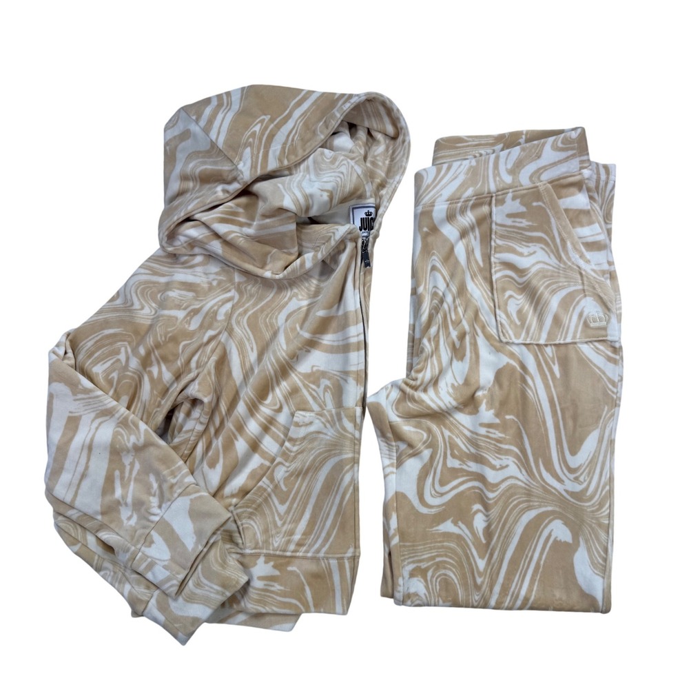 Juicy Couture Tracksuit Womens XL Tan White Excellent Marble Swirl Velour Set